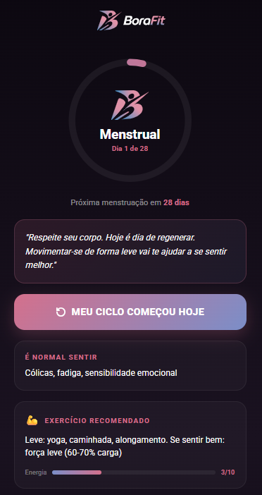 BoraGirls — Fase menstrual com ciclo adaptativo
