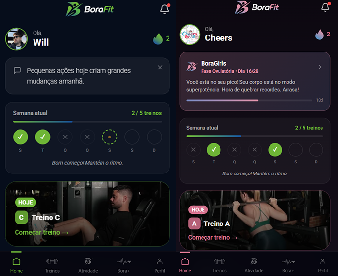 App BoraFit — temas Bora e BoraGirls